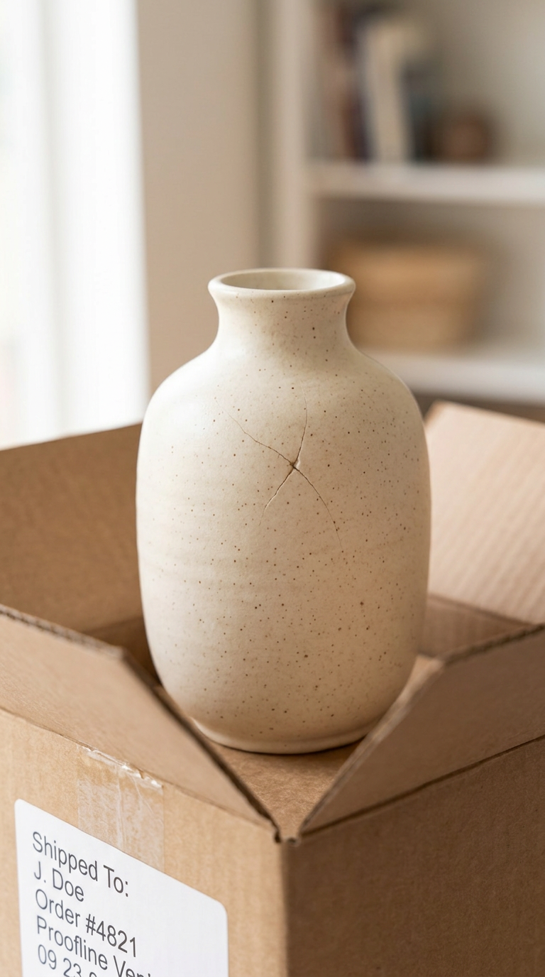 Live camera view of a cracked ceramic vase in its shipping box